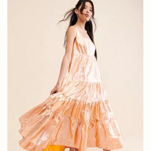 Anthropologie Let Me Be Metallic Tiered Maxi Dress Orange Sleeveless M